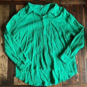 Green Crinkle Gauze Button Shirt Lightweight Oversized Blouse Minimalist Coastal